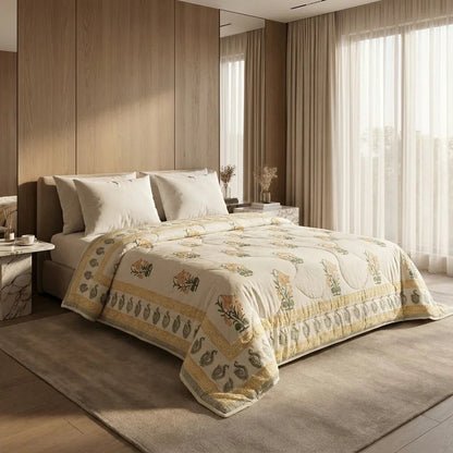 Cream & Golden Yellow Floral Jaipur Indian Hand Block Print Quilted Comforter