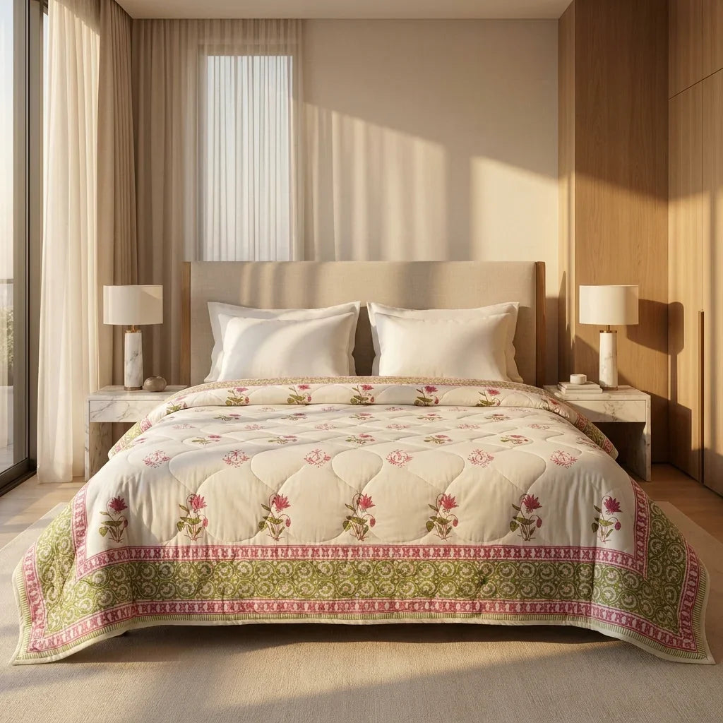 Cream & Deep Rose Olive Floral Jaipur Indian Hand Block Print Quilted Comforter