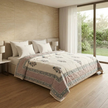 Cream & Slate Blue Floral Jaipur Indian Hand Block Print Quilted Comforter
