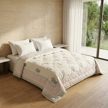 Cream & Burgundy Slate Floral Jaipur Indian Hand Block Print Quilted Comforter