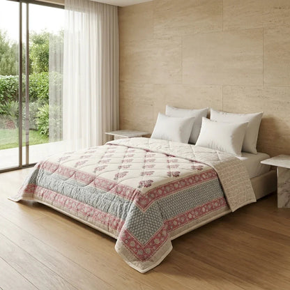 Cream & Charcoal Taupe Floral Jaipur Indian Hand Block Print Quilted Comforter 3