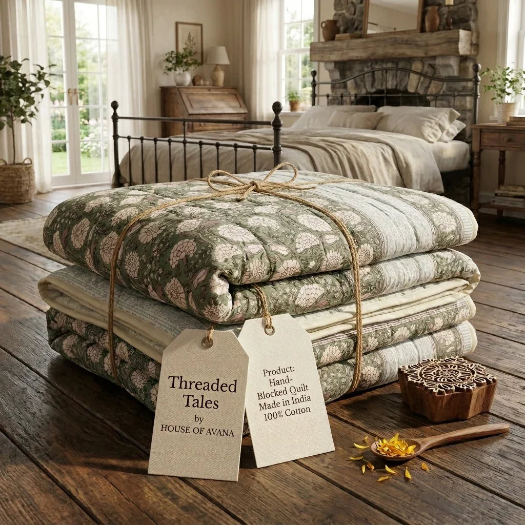 Cream & Golden Yellow Rust Floral Jaipur Indian Hand Block Print Quilted Comforter