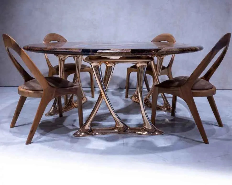 Luxury Round Walnut Dining Table with Rose Gold Aluminum Legs