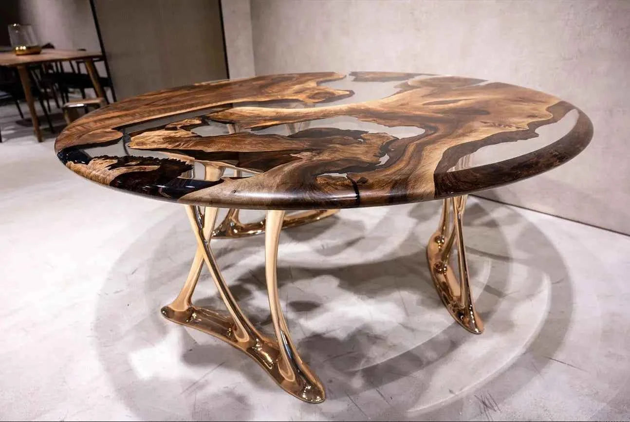 Luxury Round Walnut Dining Table with Rose Gold Aluminum Legs