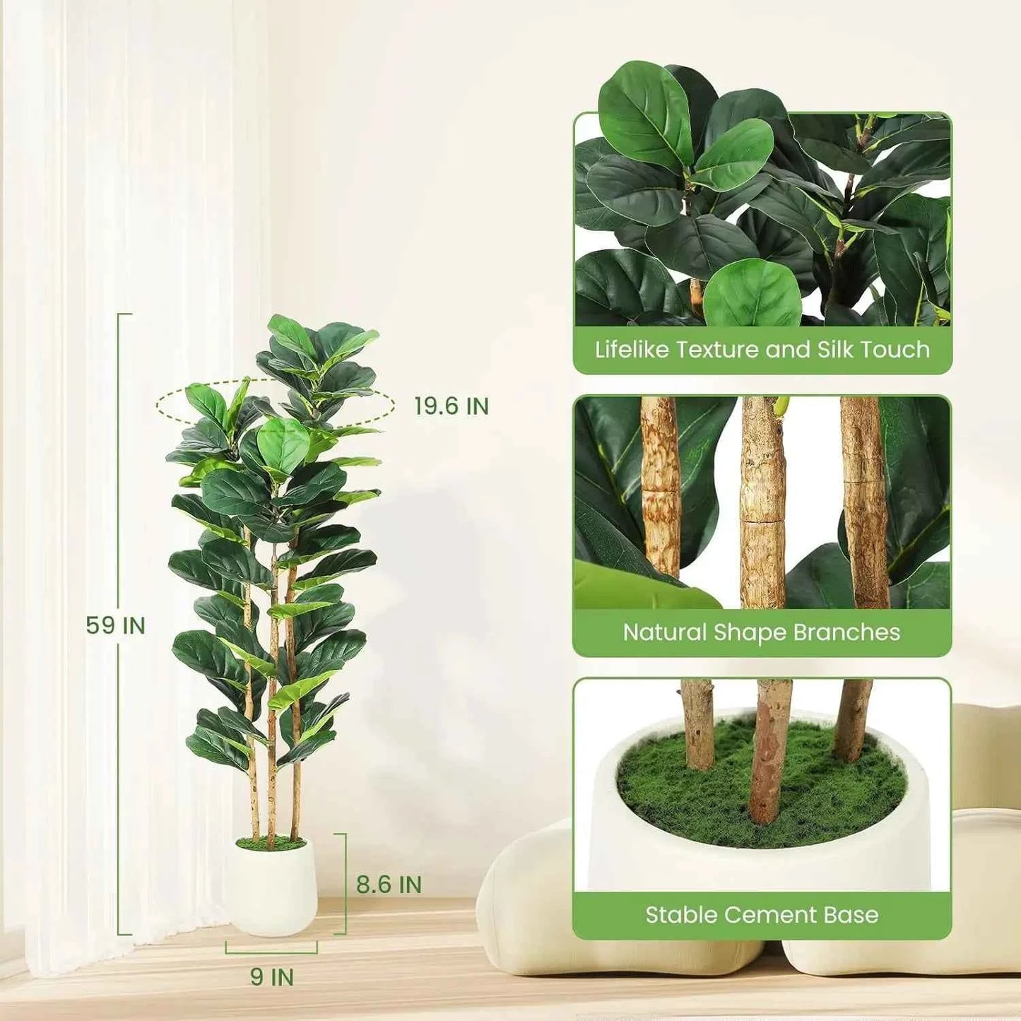 Artificial Fiddle Leaf Fig Tree with Pot for Home Decor