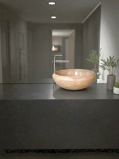 Bathroom Sink of Sahara Beige Marble - 16 inches Round - PoshaBella