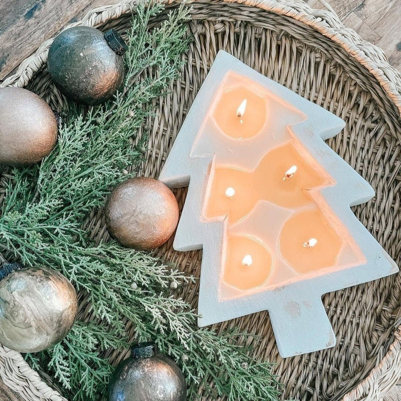 5 Wick White Wood Tree Bowl Candle - Christmas Hearth