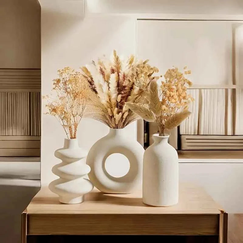 Bohemian White Ceramic Vase Set of 3 for Home Décor