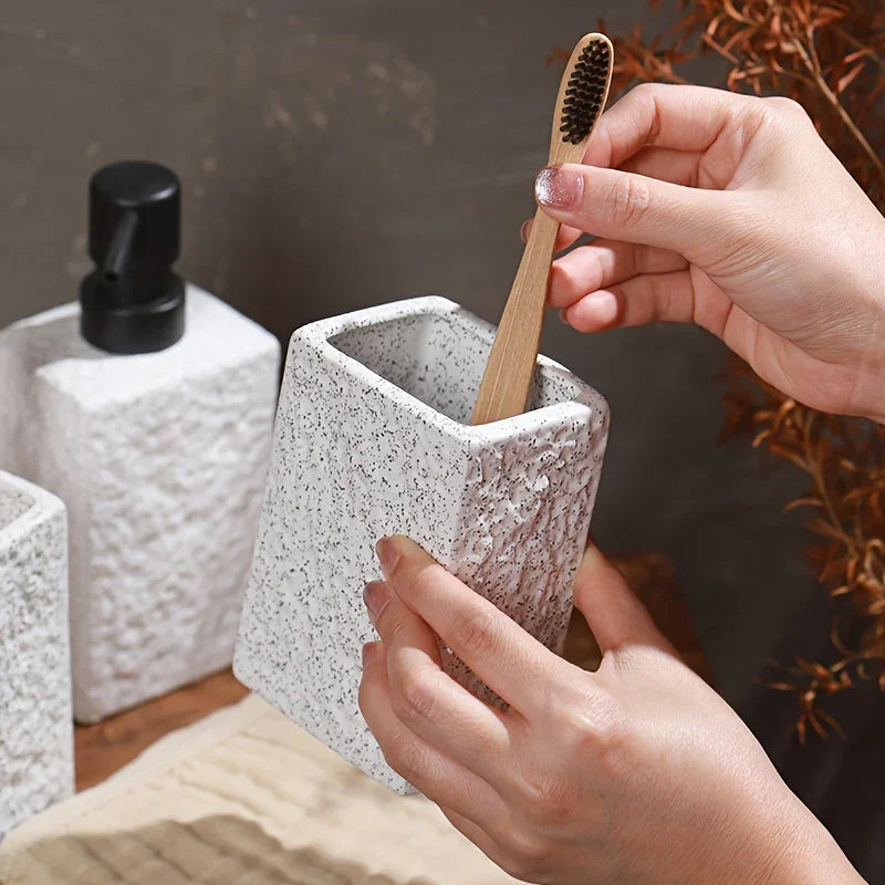 A 4pcs Set Featuring a Minimalist Nordic Design in Ceramic, Including a Stone-Patterned Wash Cup Set, Lotion Bottle, Soap Dish, Bathroom Cleaning Bottles, Mouthwash Cup, Bathroom Essentials, Bathroom Accessories, Perfect As a