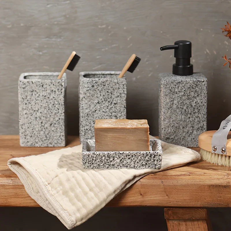 A 4pcs Set Featuring a Minimalist Nordic Design in Ceramic, Including a Stone-Patterned Wash Cup Set, Lotion Bottle, Soap Dish, Bathroom Cleaning Bottles, Mouthwash Cup, Bathroom Essentials, Bathroom Accessories, Perfect As a