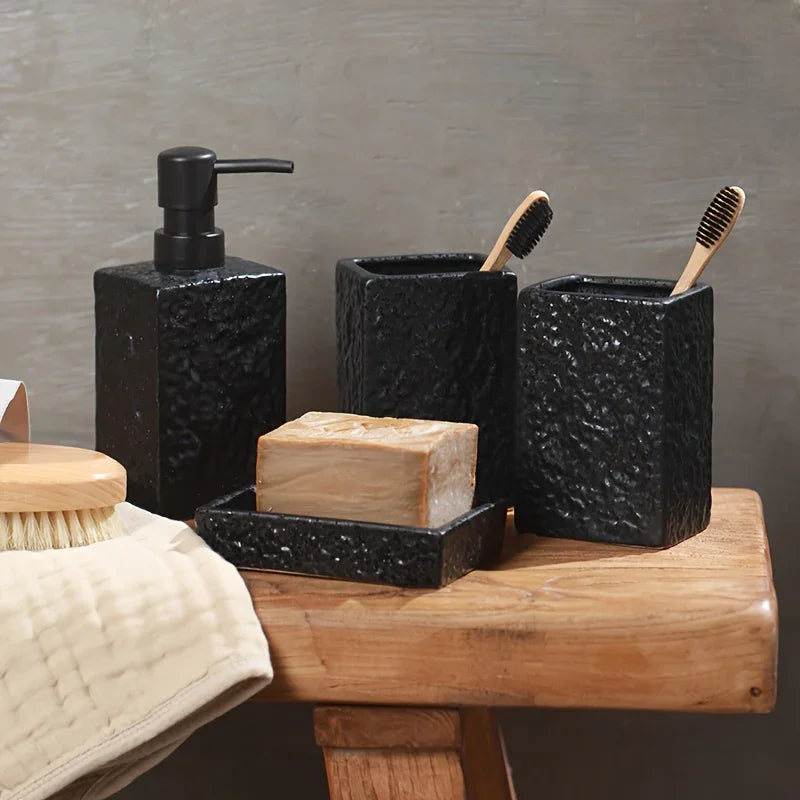 A 4pcs Set Featuring a Minimalist Nordic Design in Ceramic, Including a Stone-Patterned Wash Cup Set, Lotion Bottle, Soap Dish, Bathroom Cleaning Bottles, Mouthwash Cup, Bathroom Essentials, Bathroom Accessories, Perfect As a