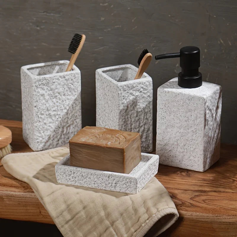 A 4pcs Set Featuring a Minimalist Nordic Design in Ceramic, Including a Stone-Patterned Wash Cup Set, Lotion Bottle, Soap Dish, Bathroom Cleaning Bottles, Mouthwash Cup, Bathroom Essentials, Bathroom Accessories, Perfect As a
