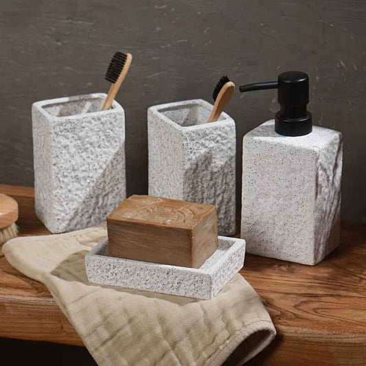 A 4pcs Set Featuring a Minimalist Nordic Design in Ceramic, Including a Stone-Patterned Wash Cup Set, Lotion Bottle, Soap Dish, Bathroom Cleaning Bottles, Mouthwash Cup, Bathroom Essentials, Bathroom Accessories, Perfect As a