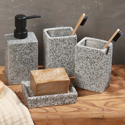 A 4pcs Set Featuring a Minimalist Nordic Design in Ceramic, Including a Stone-Patterned Wash Cup Set, Lotion Bottle, Soap Dish, Bathroom Cleaning Bottles, Mouthwash Cup, Bathroom Essentials, Bathroom Accessories, Perfect As a