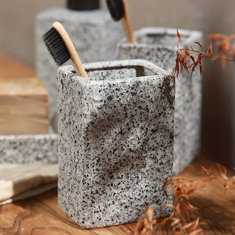 A 4pcs Set Featuring a Minimalist Nordic Design in Ceramic, Including a Stone-Patterned Wash Cup Set, Lotion Bottle, Soap Dish, Bathroom Cleaning Bottles, Mouthwash Cup, Bathroom Essentials, Bathroom Accessories, Perfect As a