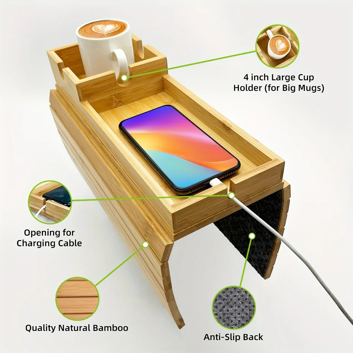 Bamboo Sofa Armrest Tray with Removable Organizer for Couch Lovers