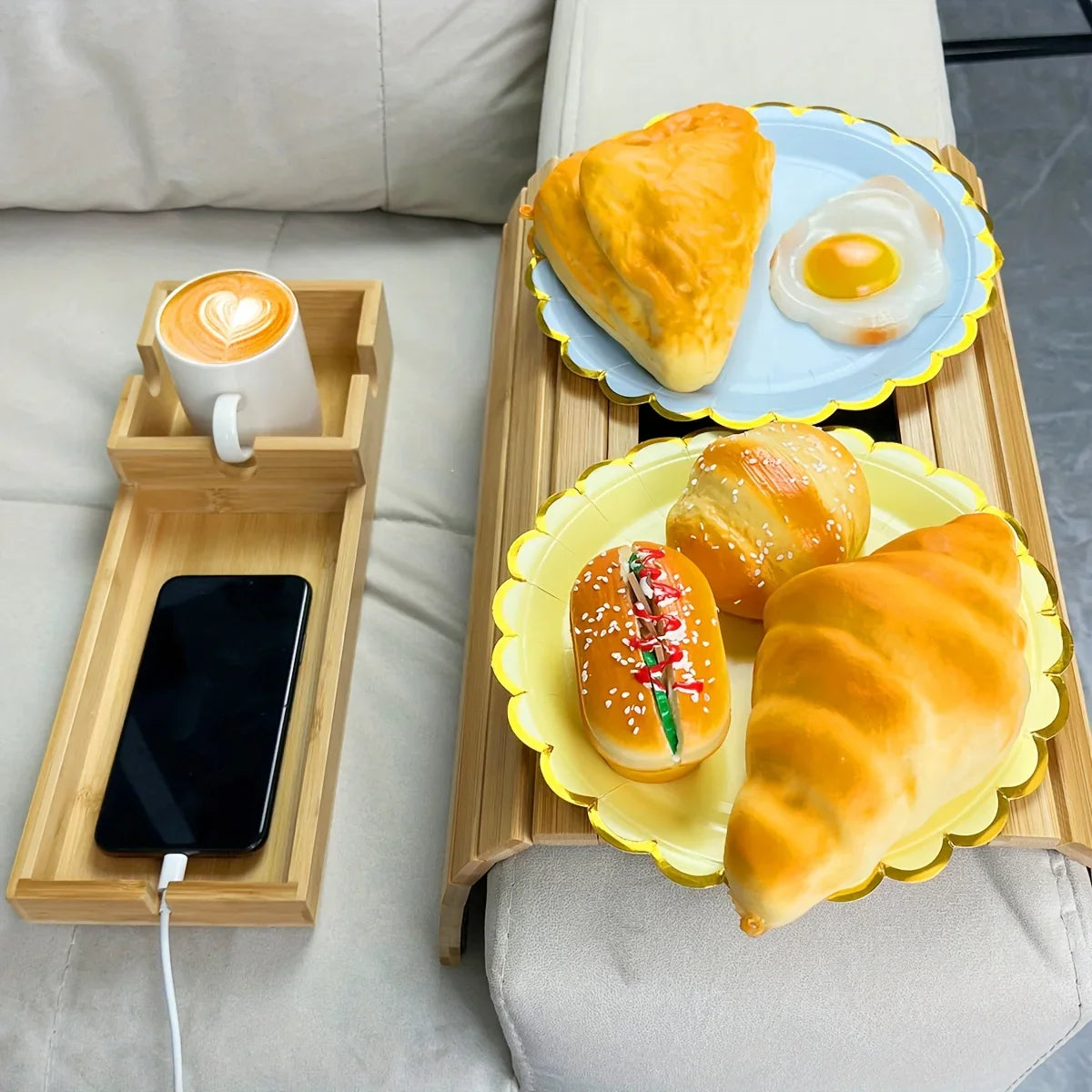 Bamboo Sofa Armrest Tray with Removable Organizer for Couch Lovers