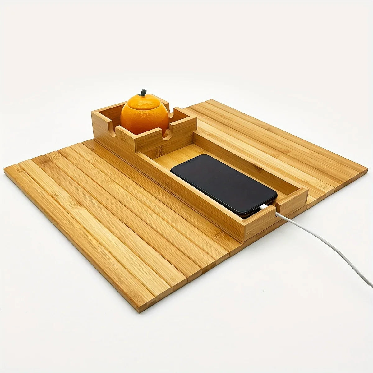 Bamboo Sofa Armrest Tray with Removable Organizer for Couch Lovers