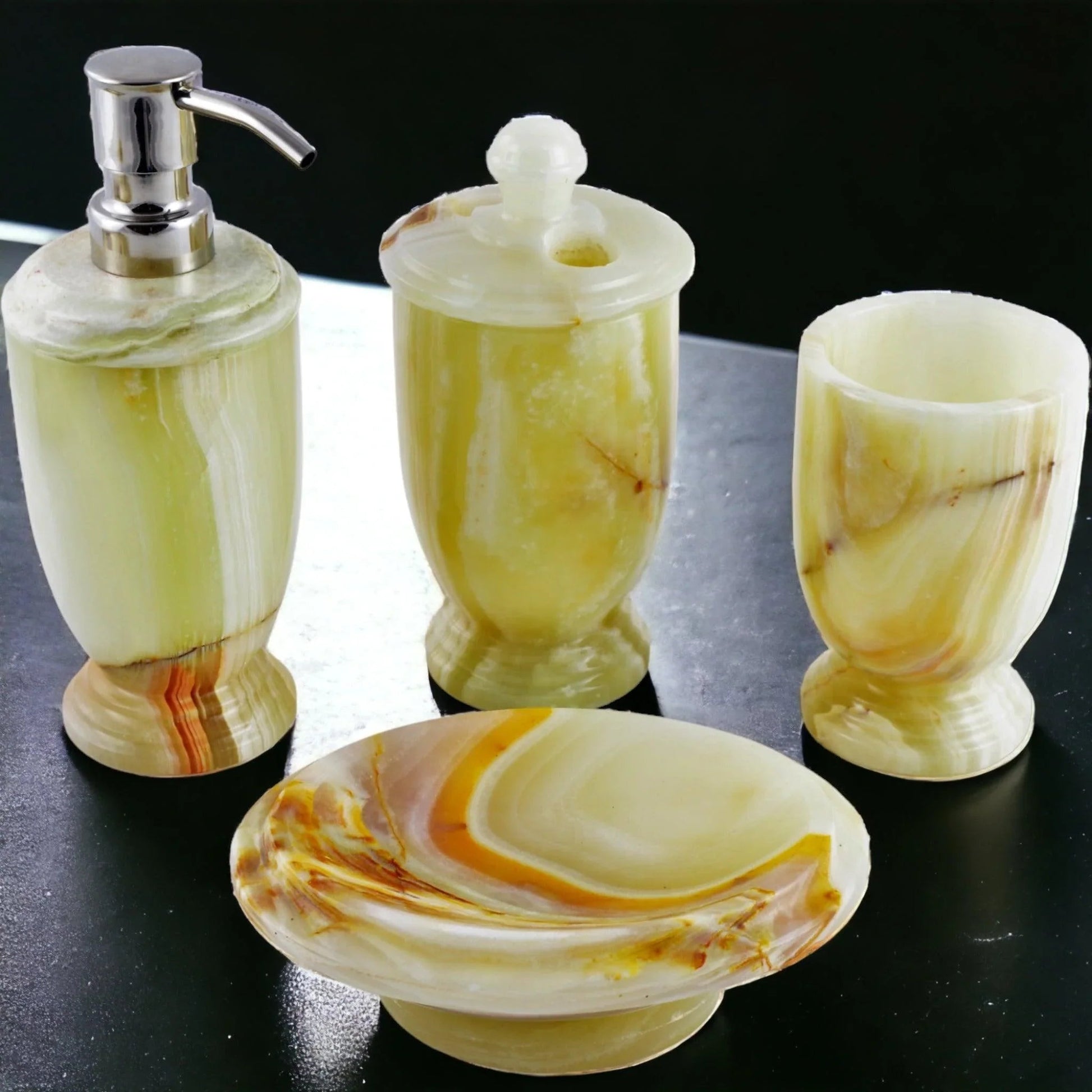 Bath Accessory Set - 4 Piece Bath Set of Pistachio Onyx - PoshaBella