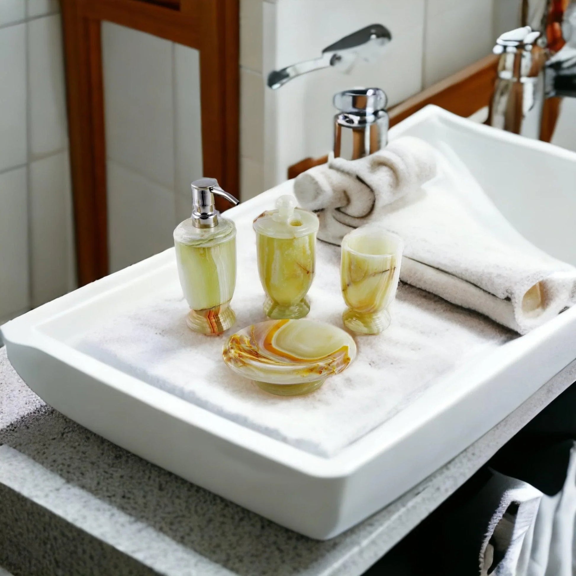 Bath Accessory Set - 4 Piece Bath Set of Pistachio Onyx - PoshaBella