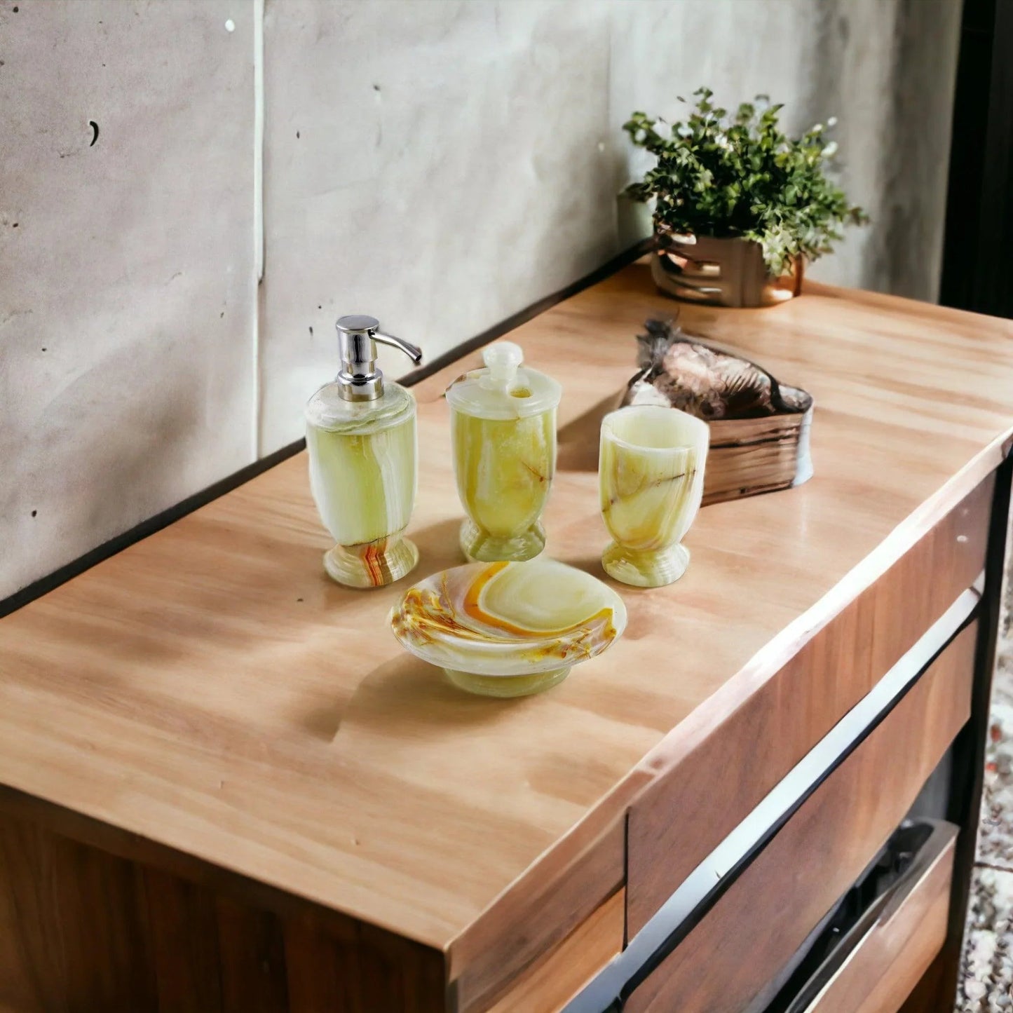 Bath Accessory Set - 4 Piece Bath Set of Pistachio Onyx - PoshaBella