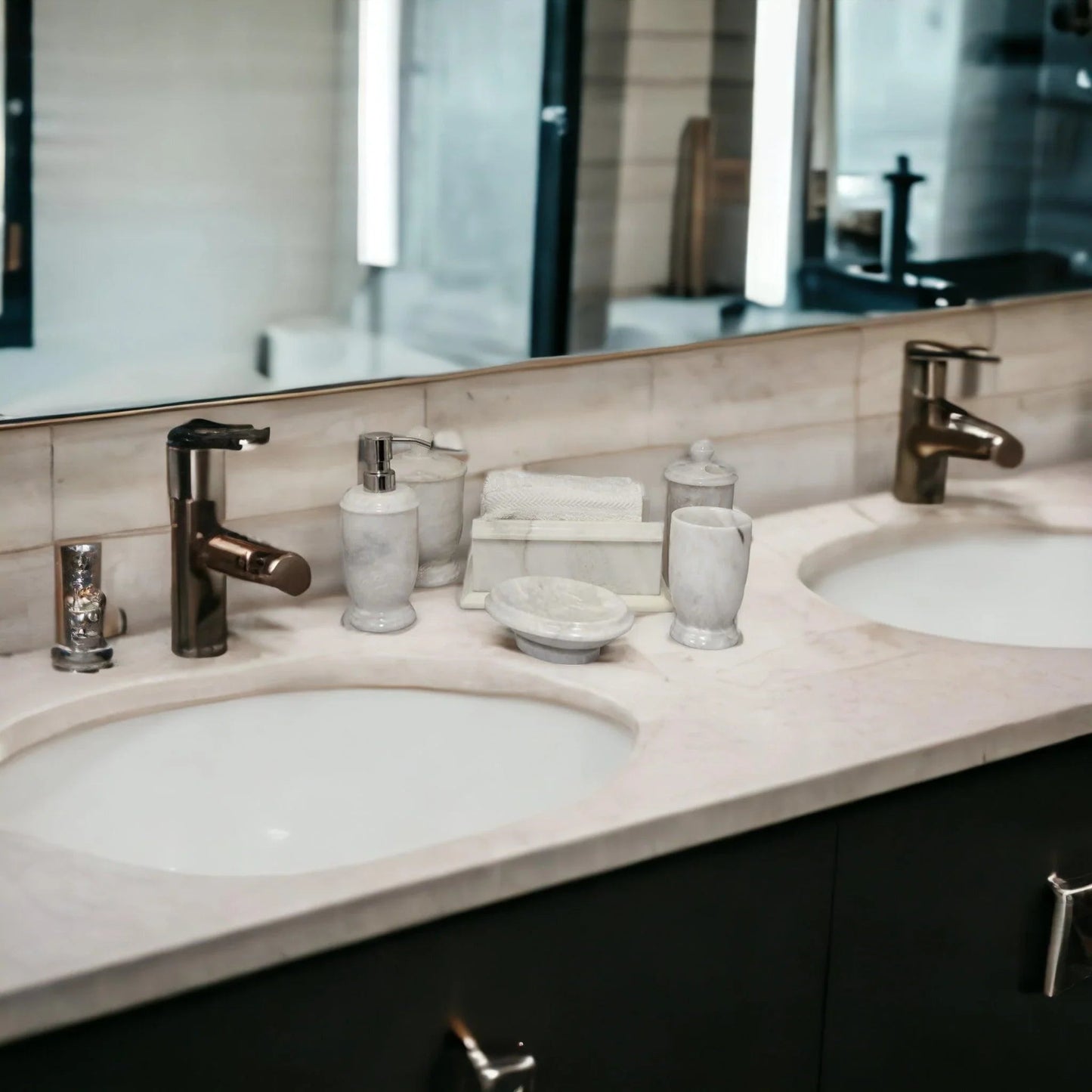 Bath Accessory Sets - White Marble Bathroom - PoshaBella