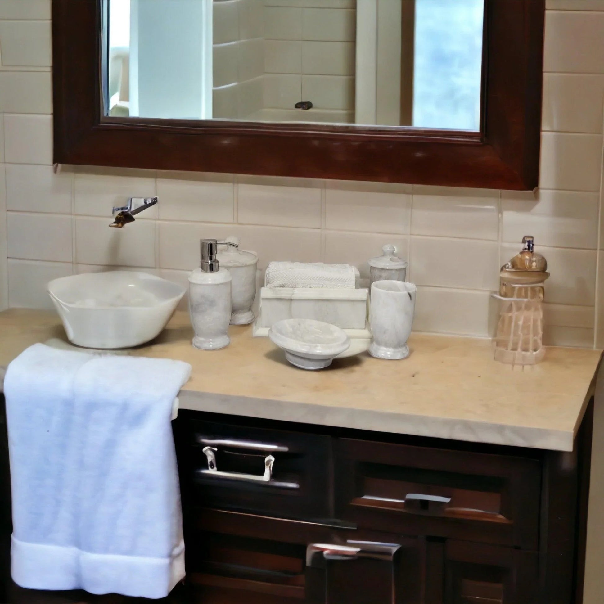 Bath Accessory Sets - White Marble Bathroom - PoshaBella