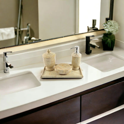 Bathroom Set of Sahara Beige Marble with Vanity Tray - Atlantic Collection - PoshaBella