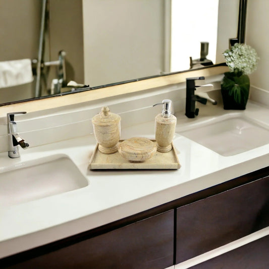 Bathroom Set of Sahara Beige Marble with Vanity Tray - Atlantic Collection - PoshaBella