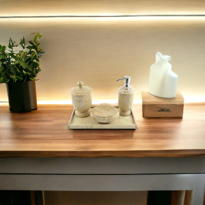 Bathroom Set of Sahara Beige Marble with Vanity Tray - Atlantic Collection - PoshaBella