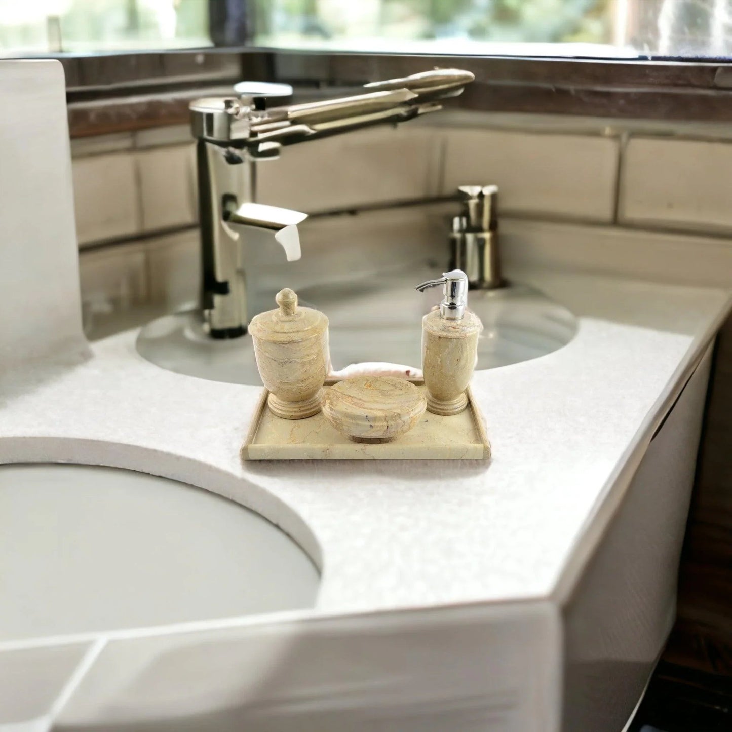 Bathroom Set of Sahara Beige Marble with Vanity Tray - Atlantic Collection - PoshaBella