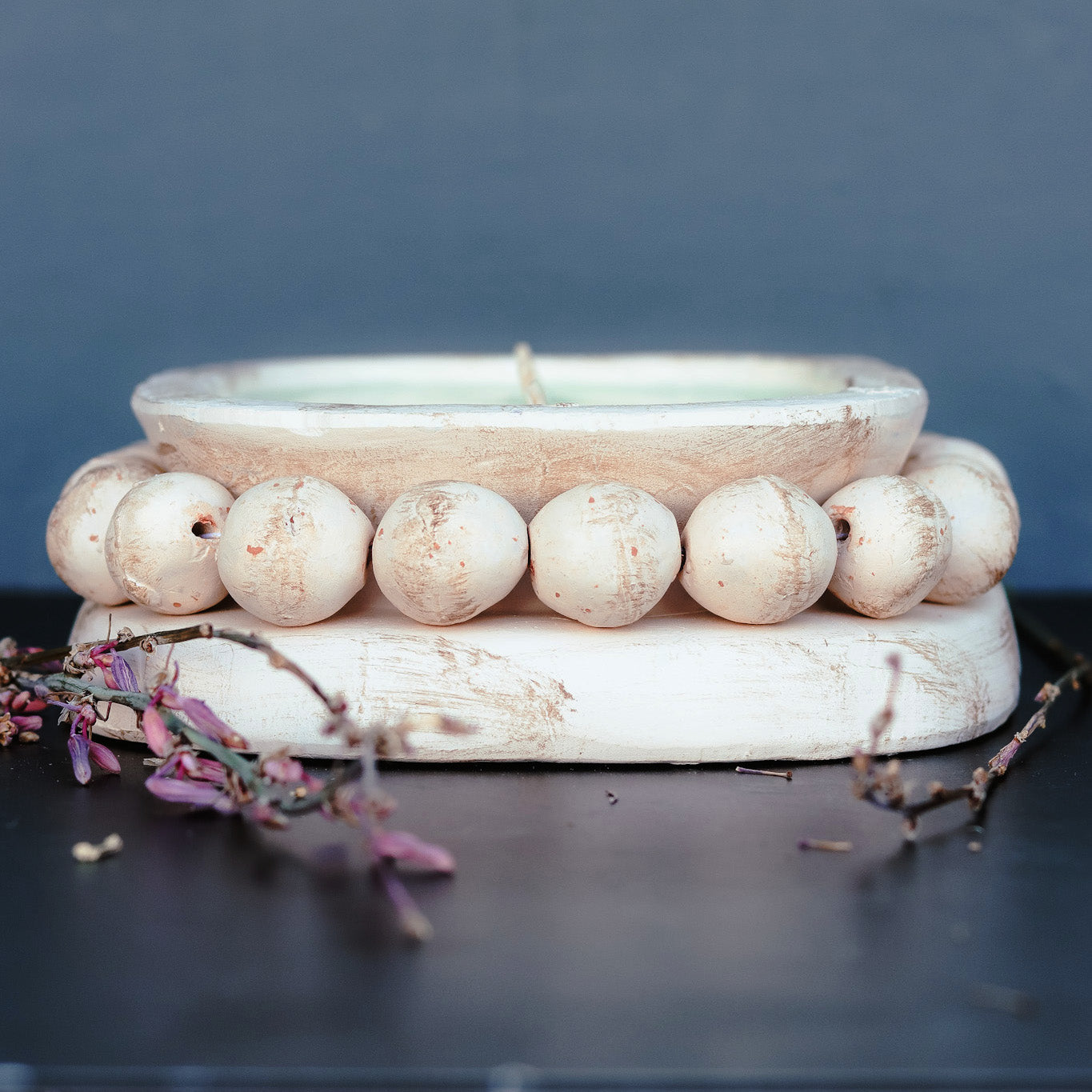 3 Wick Pottery Dough Bowl Soy Candle - With Beads - PoshaBella