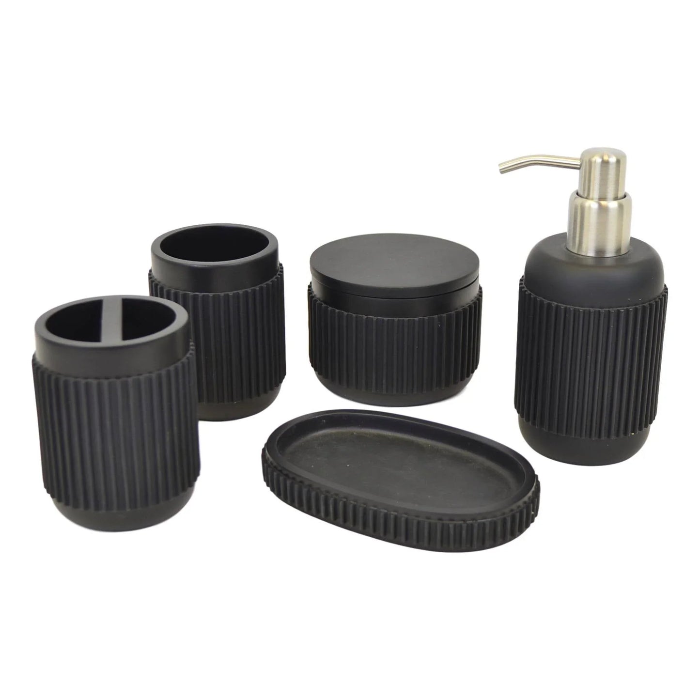 Black Bathroom Set - 5 Piece Bath Set in Ribbed Design - PoshaBella