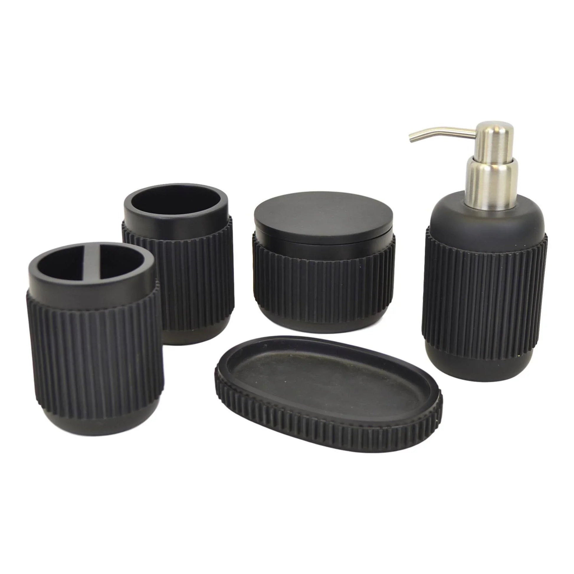 Black Bathroom Set - 5 Piece Bath Set in Ribbed Design - PoshaBella