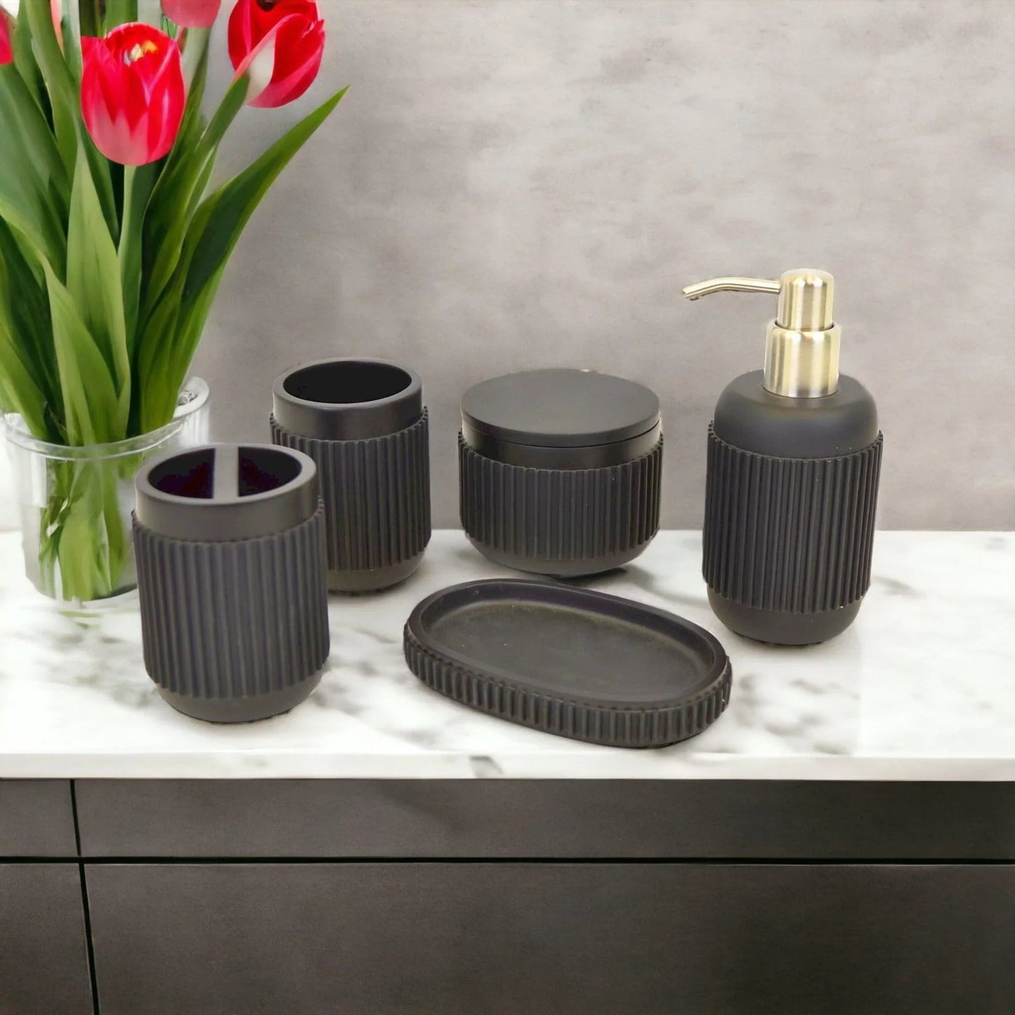 Black Bathroom Set - 5 Piece Bath Set in Ribbed Design - PoshaBella