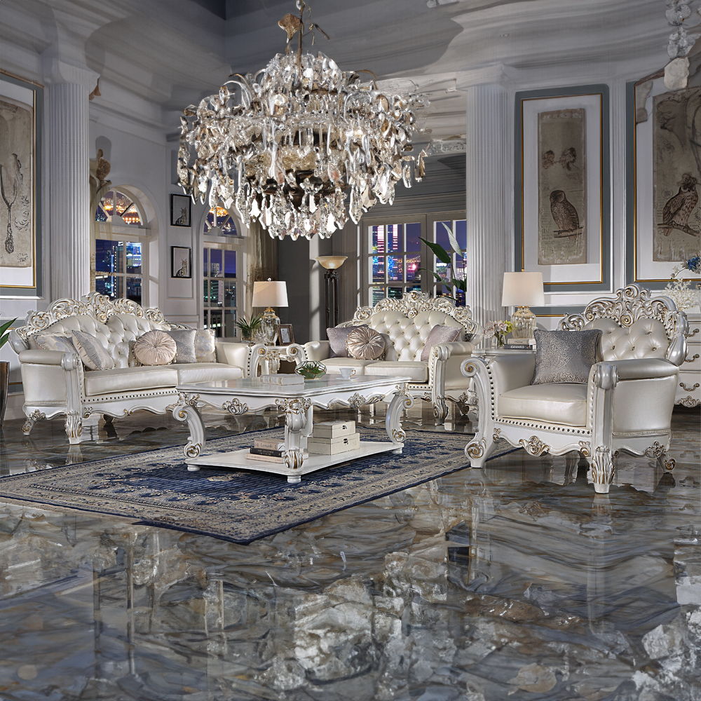Vendome - Sofa With 5 Pillows - Champagne Synthetic Leather & Antique Pearl