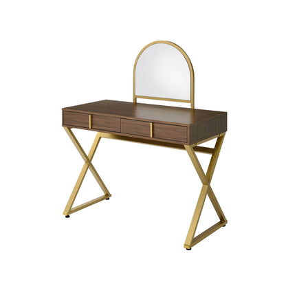 Coleen Walnut & Gold Finish Vanity Desk with Mirror & Jewelry Tray
