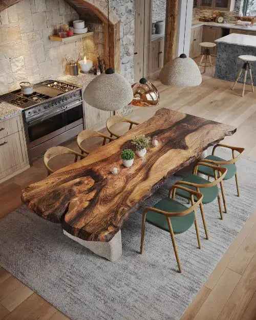 Wabi Sabi Style Luxury Solid Wood Walnut Table with Stone Inspired Legs