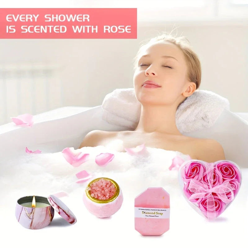Ceramic Bath Gift Set with Rose Scented Candles and Essential Oils