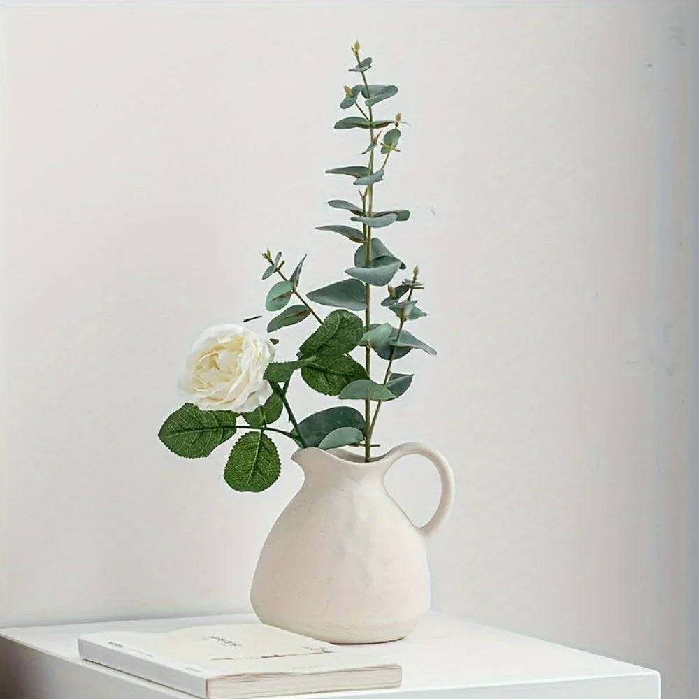 Ceramic Kettle Vase, Rustic White Cylinder Pottery with Handle