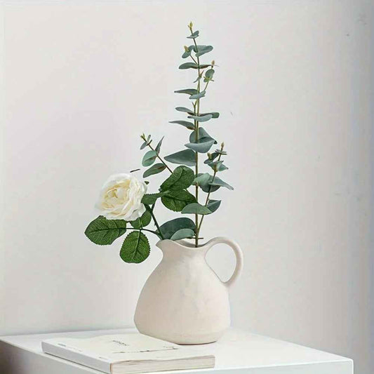Ceramic Kettle Vase, Rustic White Cylinder Pottery with Handle