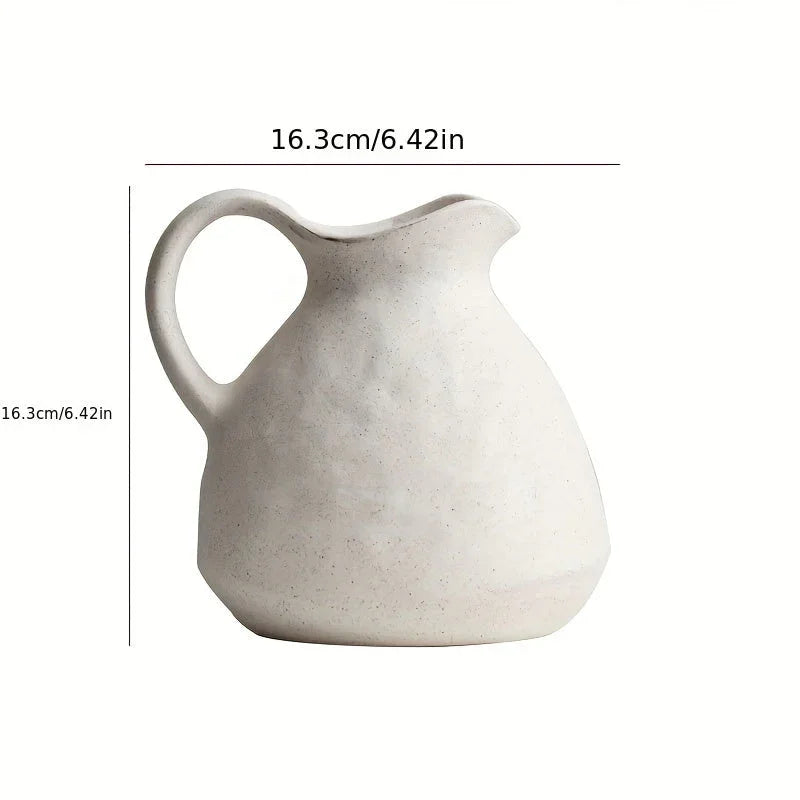 Ceramic Kettle Vase, Rustic White Cylinder Pottery with Handle