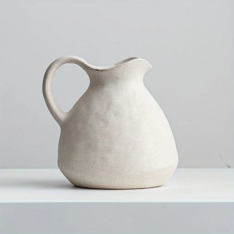 Ceramic Kettle Vase, Rustic White Cylinder Pottery with Handle
