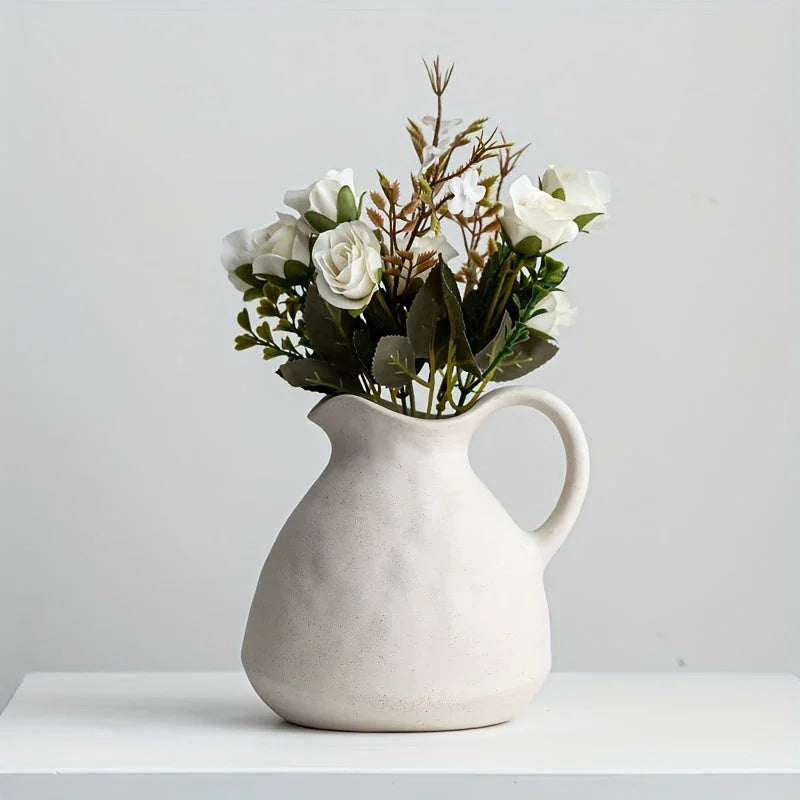 Ceramic Kettle Vase, Rustic White Cylinder Pottery with Handle