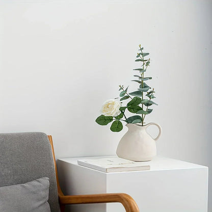 Ceramic Kettle Vase, Rustic White Cylinder Pottery with Handle
