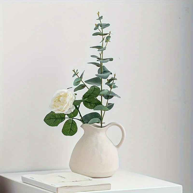 Ceramic Kettle Vase, Rustic White Cylinder Pottery with Handle