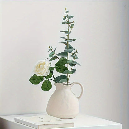 Ceramic Kettle Vase, Rustic White Cylinder Pottery with Handle