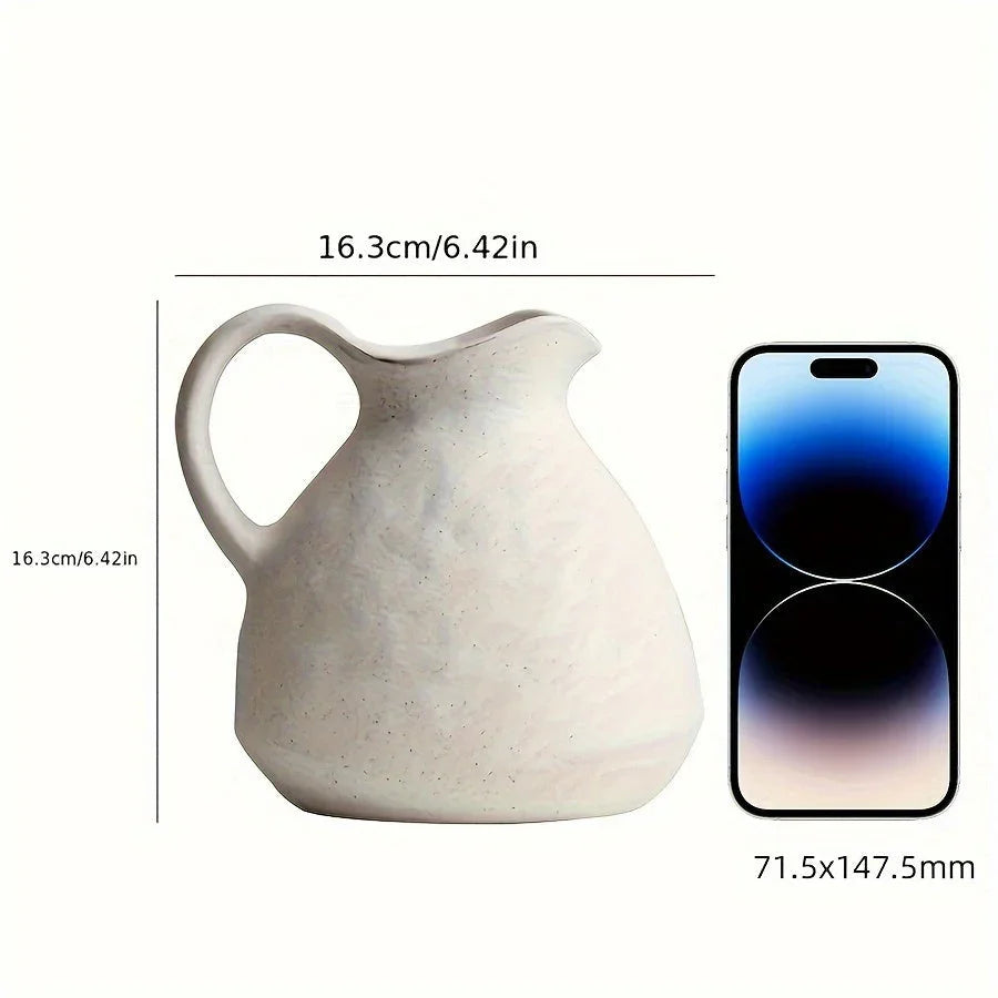Ceramic Kettle Vase, Rustic White Cylinder Pottery with Handle