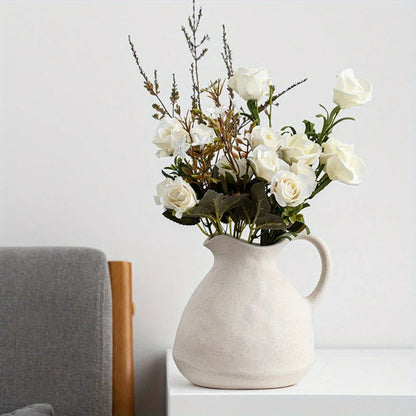 Ceramic Kettle Vase, Rustic White Cylinder Pottery with Handle