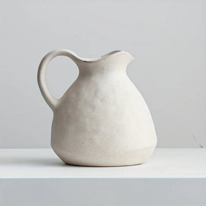 Ceramic Kettle Vase, Rustic White Cylinder Pottery with Handle